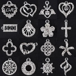 5pcs/lot Silver Color Love Heart Cross Round Shell Rhinestone Alloy Charms For Jewelry Making DIY Earrings Pendants Accessories