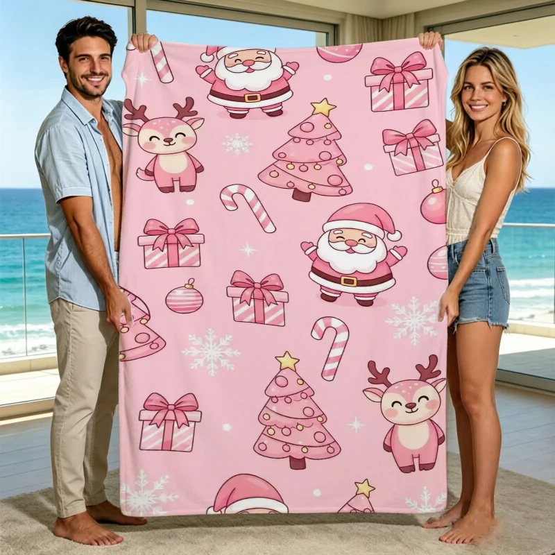 Pink Santa Reindeer Pattern Flannel Blanket For Playful Bedroom Decor Soft Warm Throw Blanket Wrap