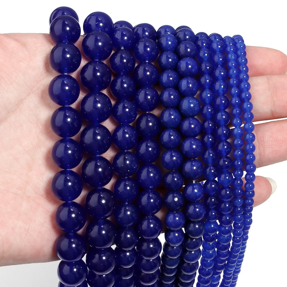 Natural Dark Blue Chalcedony Stone Bead Round Gem Beads for Jewelry Making DIY Bracelet Necklace Beaded Materials 4/6/8/10/12mm