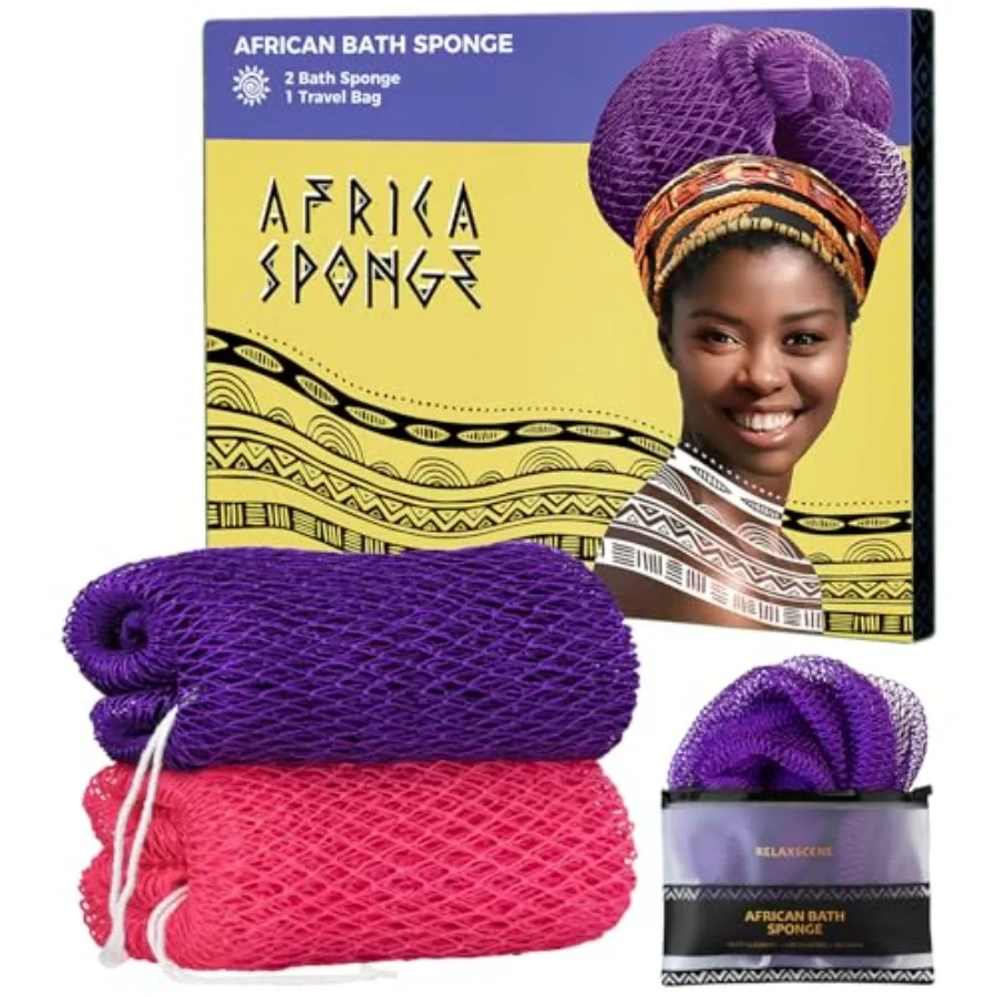 African Net Sponge Authentic - 2 Pieces Exfoliating Body Scrubber Bath Sponge - Loofah Washcloth Back Scrub for Shower Body Exf