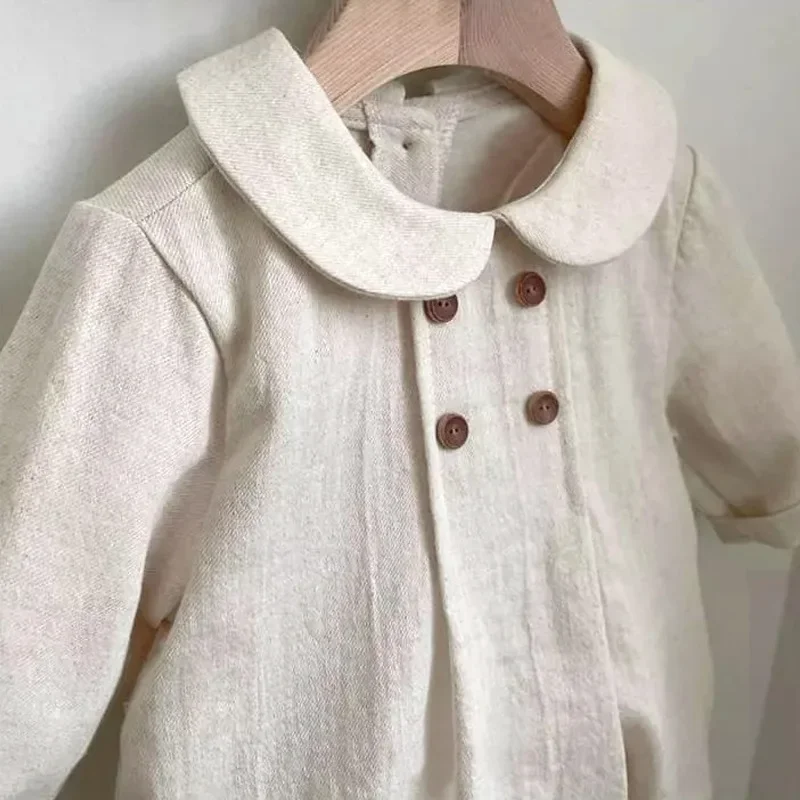 MILANCEL Autumn Solid Linen Baby Clothes Rompers Peter Pan Collar Lapel Wrap Girls One Piece Linen Infant Bodysuits for Newborns