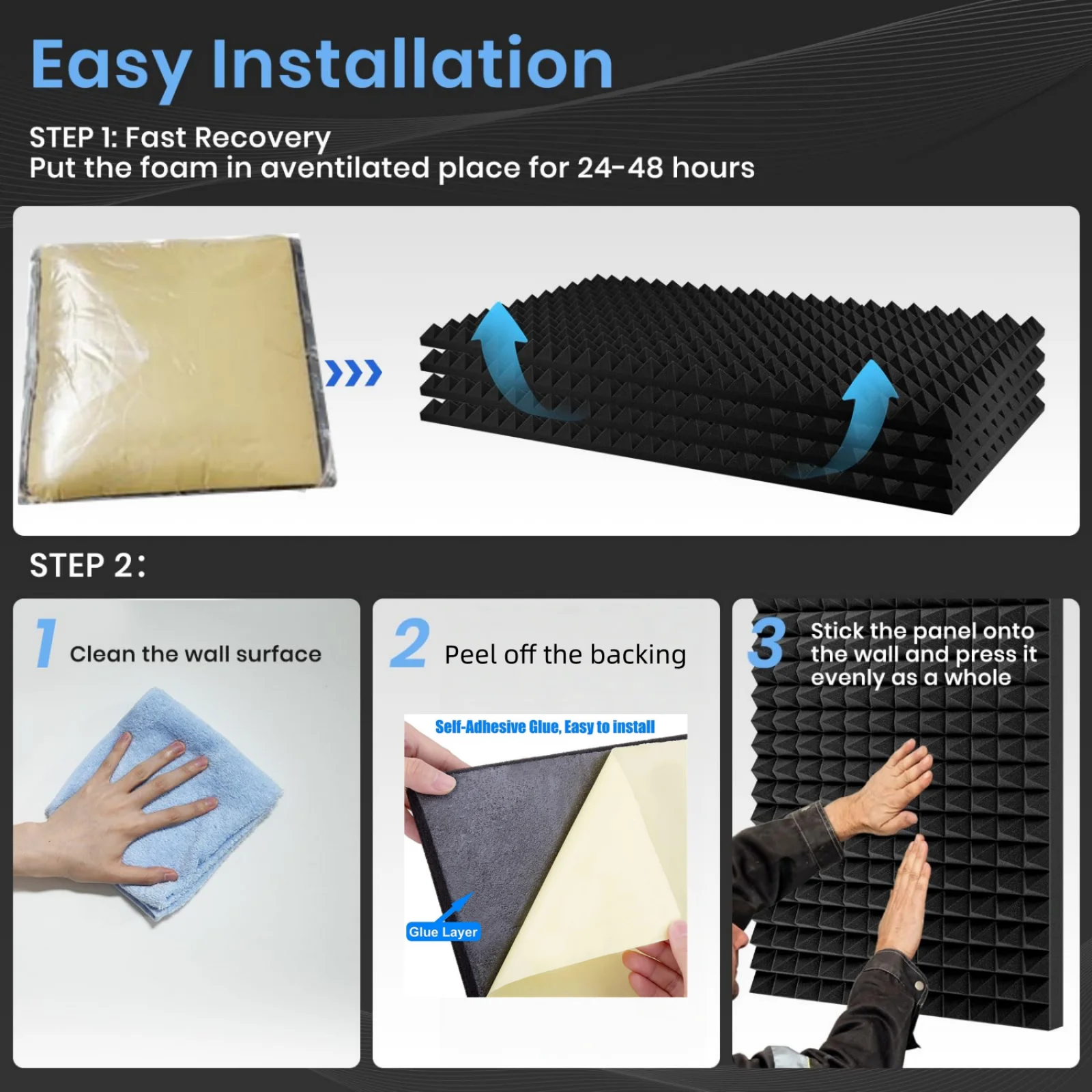 Pyramid Soundproof Foam100x50x5cm Black Self Adhesive High Density Sound Absorbing Panel 1pcs