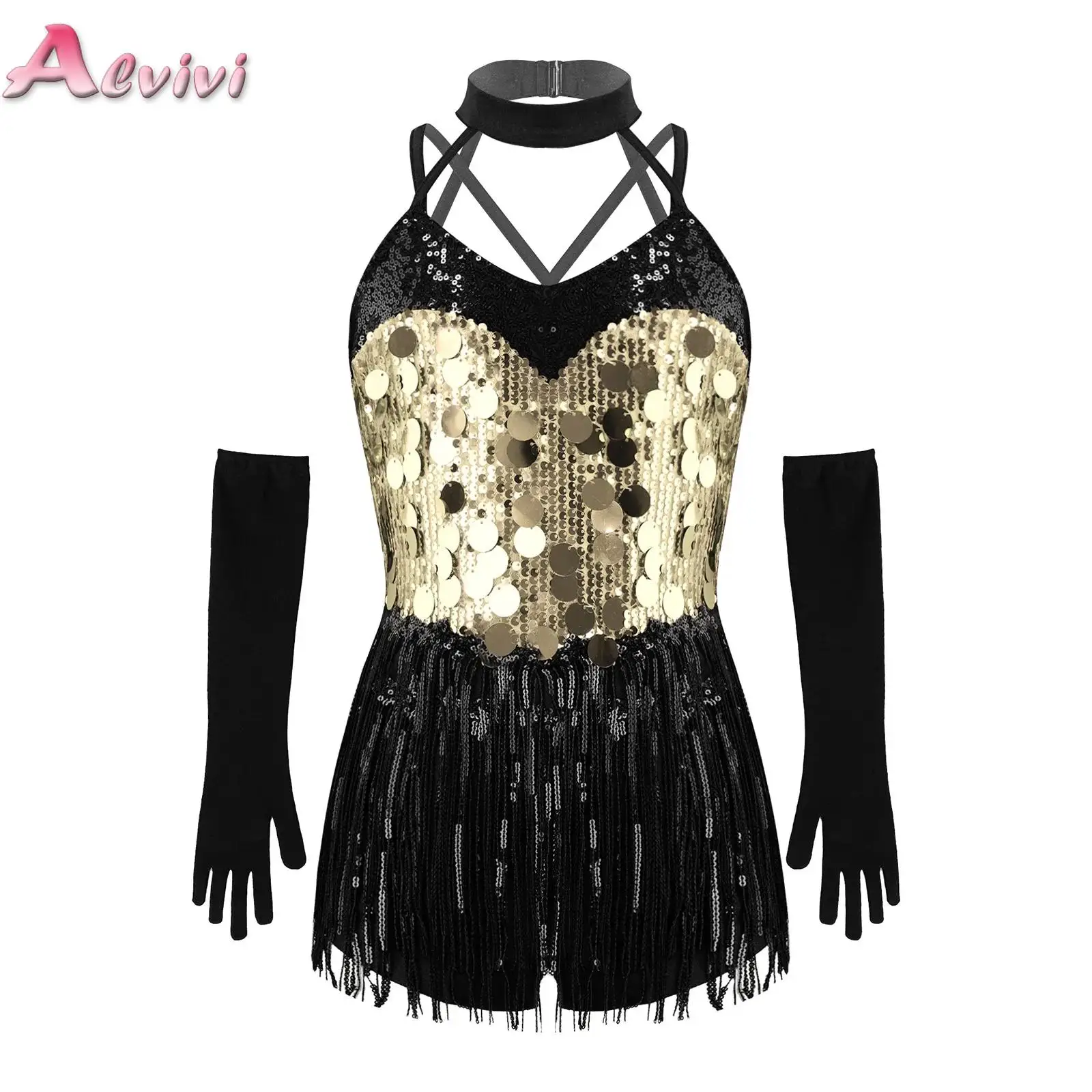 Kids Girls Tassels Latin Dance Dress Sleeveless Strappy Sequins Fringed Dress And Gloves for Jazz Ballet Dance Stage Performance