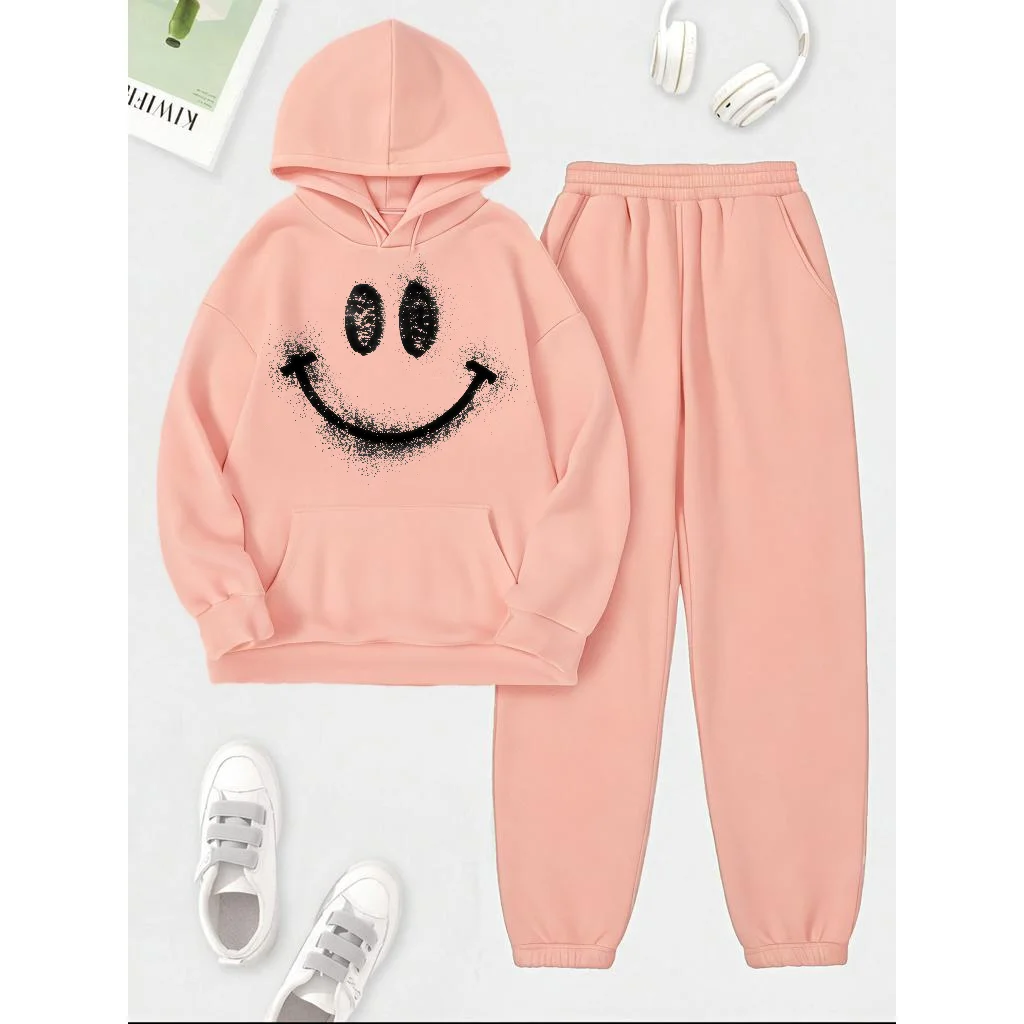 Mia Muse  Women's Sets Fashion Plain Smiling Face Pattern Letter Print Long Sleeve Hoodie Natural Waist Pant Casual Sets