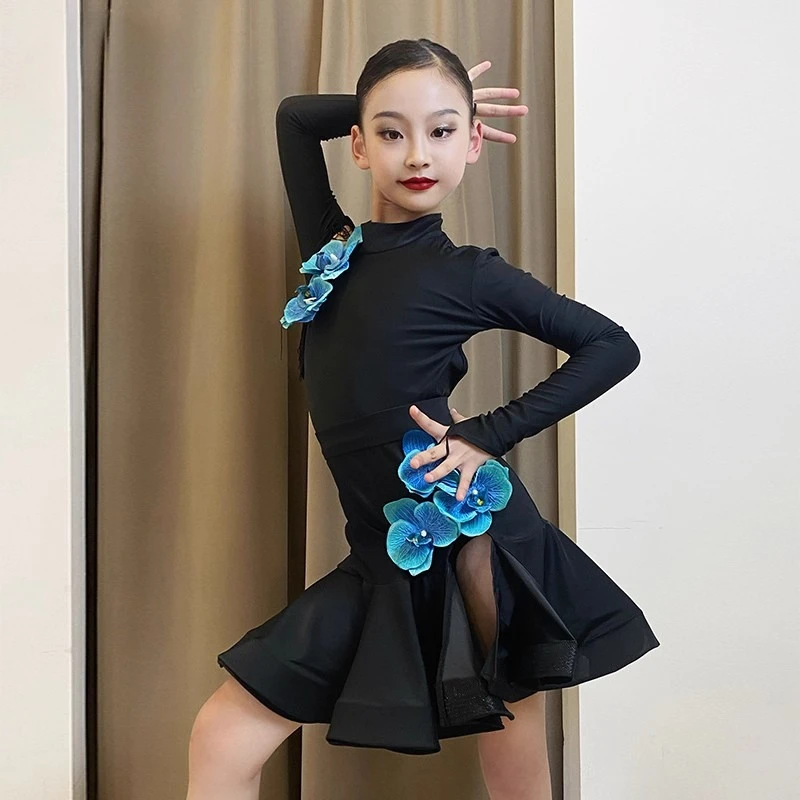 

Girls Latin Dance Dress Outfit Long Sleeve Tops Ruffle Skirt Children Samba Tango Cha Cha Practice Dancewear