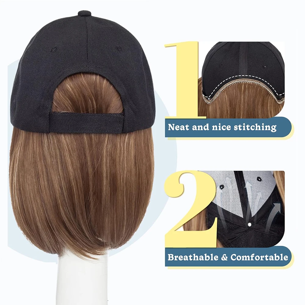 Black Baseball Cap with Hair Extensions Synthetic Straight Short Bob Hairstyle Adjustable Hat Wig for Women Girl Ash Blonde