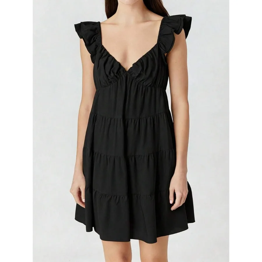 

【New style】Women Tiered Mini Dress Solid V Neck Flutter Sleeve Backless A-Line Short Dress For Daily Party Club