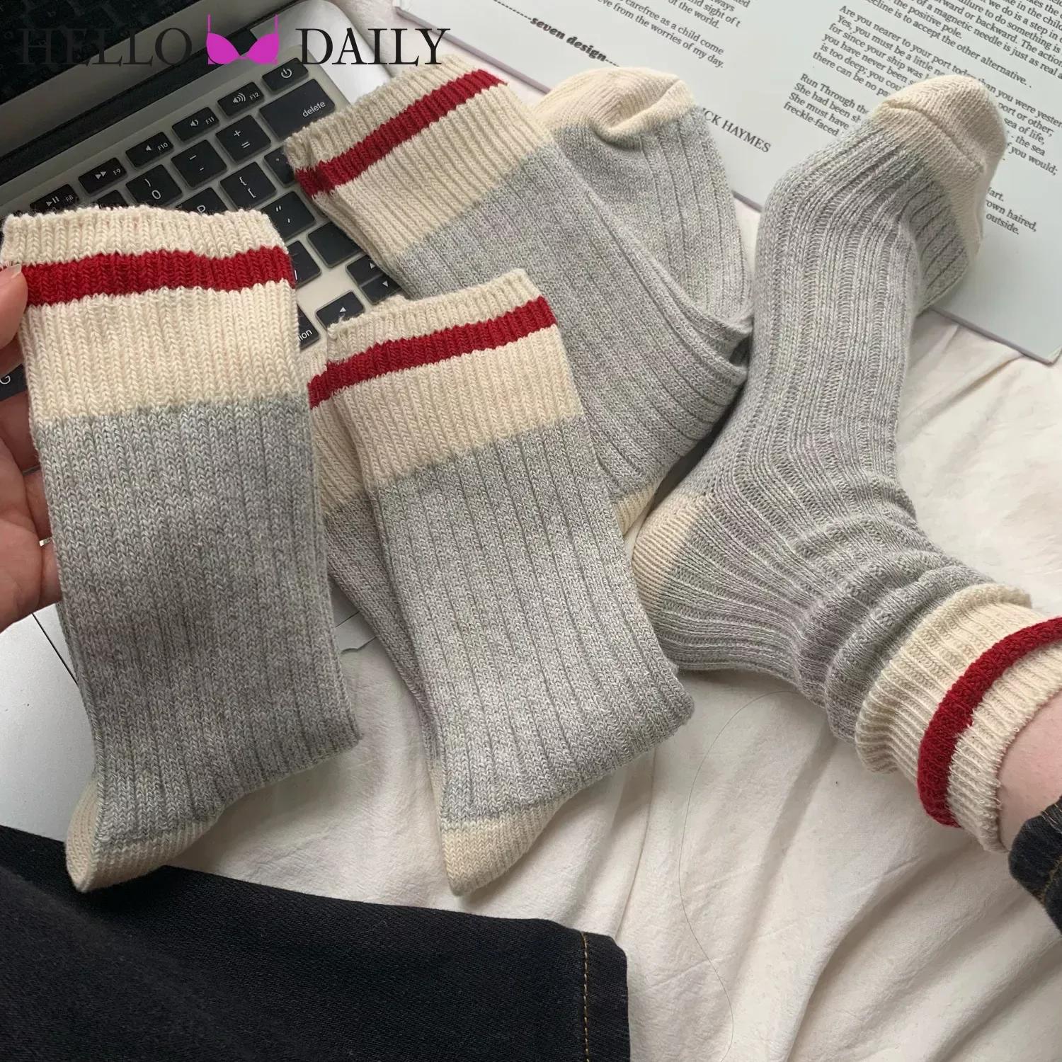 Retro Cotton Socks Autumn and Winter Couple's Contrast Stripe Thick Needle Socks for Men and Women