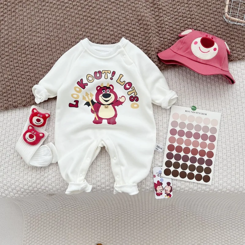 0-2 Years Old Autumn and Winter Plus Fleece Cartoon Lotso Jumpsuit for Boys and Girls Baby Fashion Cartoon Character Clothes