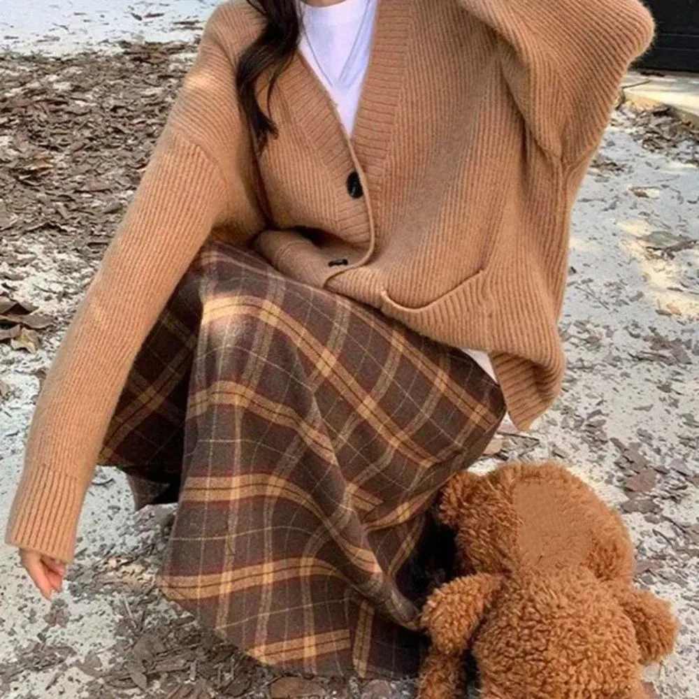 Falda a cuadros Retro elegante de cintura alta para mujer, falda larga clásica de cintura alta para invierno y otoño, corte entallado, estética, corte en A