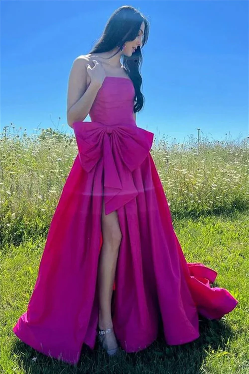 Cathy Hot Pink High-low A-line Prom Dress Sweetheart Big Floppy Bow  فساتين السهرة Customized Off Shoulder Satin Evening Dress