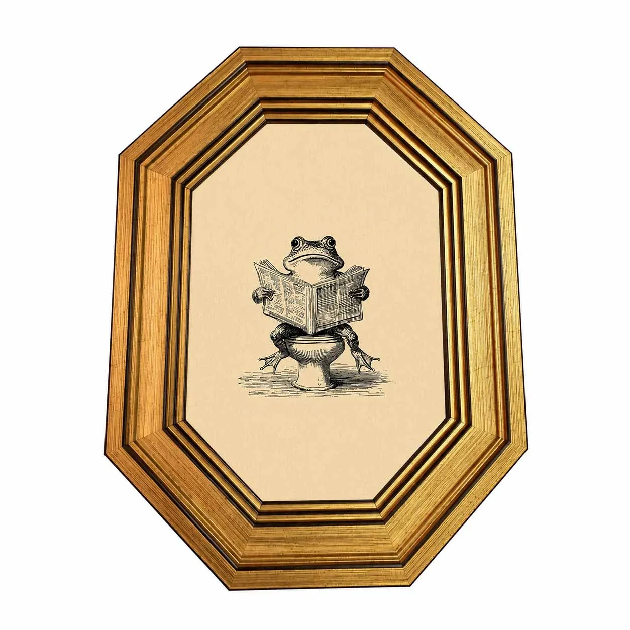 Vintage Octagon Gold Frame Funny Frog Toilet Art, Dual Use Tabletop Hanging Retro Sketch Bathroom Wall Decor