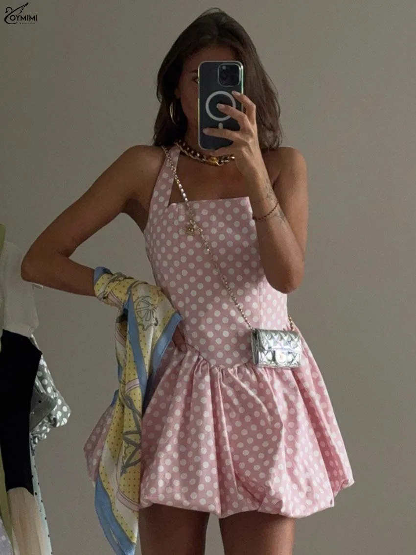 

Oymimi Casual Pink Print Dresses For Woman Fashion Halter Neck Sleeveless Open Back Dress Elegant High Waist Pleated Mini Dress