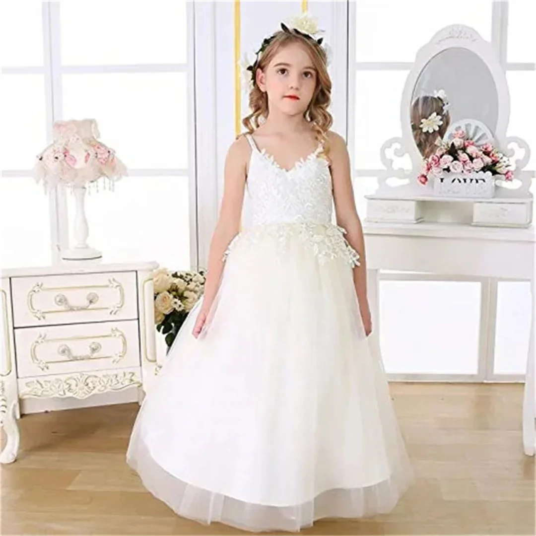 

Vintage Lace Flower Girl Dress Tassel Thin Shoulder Straps Princess Pageant Kid Girl Wedding Birthday Party First Communion Gown