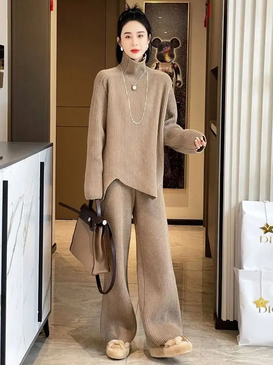 Autumn and Winter New Thickened Korean Loose Sweater Set for Women\'s High Grade Purple Knitted Wide Leg Pants Two Piece Set