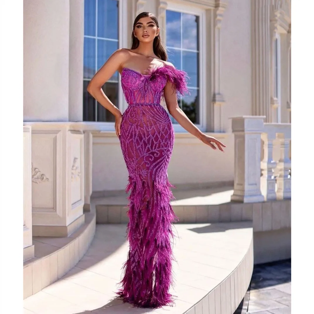 Viola elegante abito da ballo senza maniche senza spalline innamorati 3D pizzo Feathr abiti da sera Sexy abiti moda su misura