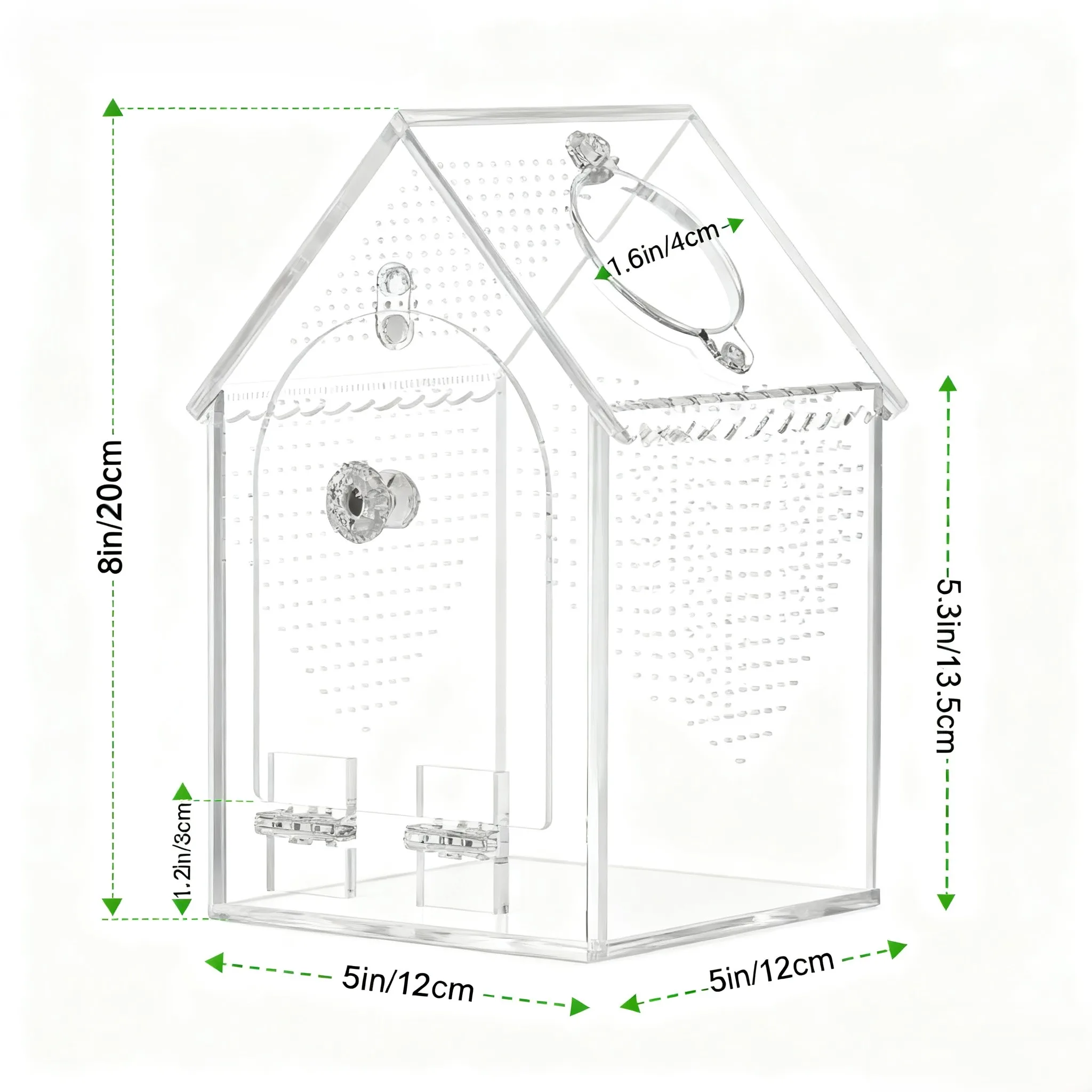 

Clear Acrylic Araneid Enclosure with Front Opening and Feeding Port for Pets 5 Inch Length 5 Inch Width 8 Inch Height