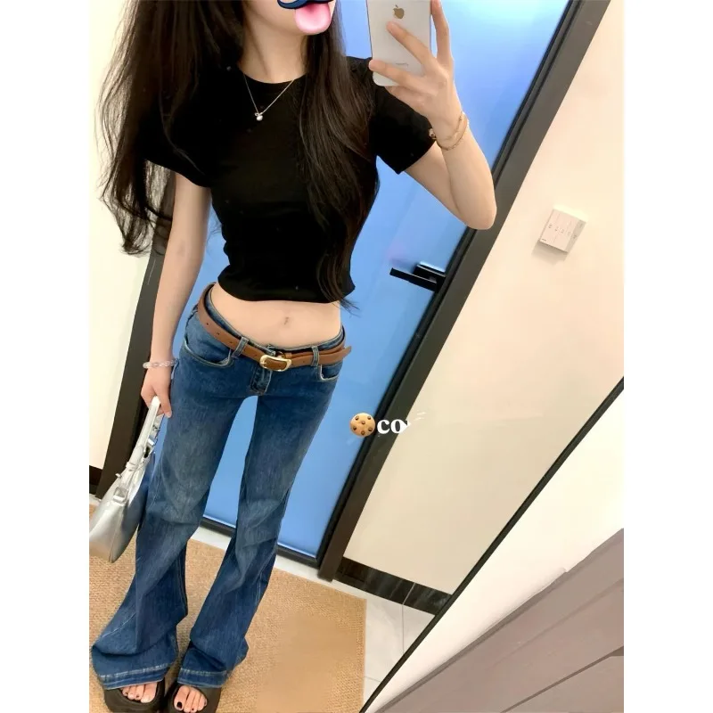 2026 Women Tall Extended American Retro Blue Low-rise Micro-pull Jeans Women's Autumn Slim-fitting and Thin Babe Floor Pants