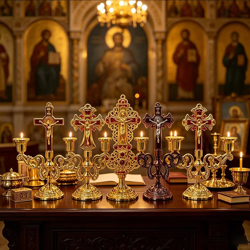 Catholic Orthodox Altar Candle Holder Gold Metal Standing Cross for Church Supplies Home Decor Christian Religious Baptism Gift