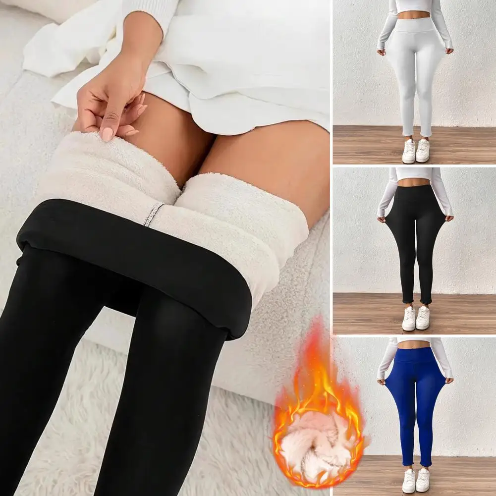 Weather Legwear Cozy Velvet-lined Winter Leggings for Women High-waisted Straight Leg Pants with Body Shaping Effect Solid Color