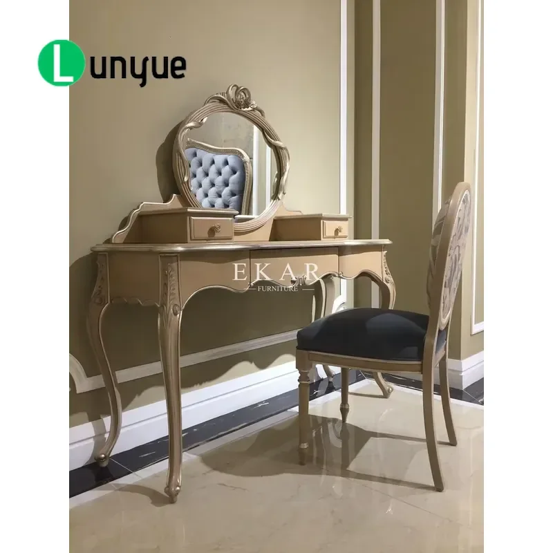 Luxury French Style Solid Ash Wood Dresser with Mirror Antique Makeup Vanity Table for Bedroom Home Furniture Noble Design