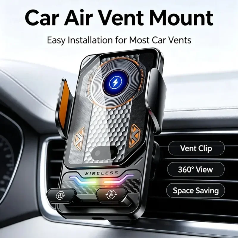 Car Magnetic Wireless Charger RGB Light Transparent For iPhone 17 16 15 14  Air Vent Fast Charging Phone Holder Mount Auto Phone