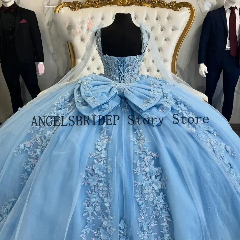 فستان Quinceanera بدون أكتاف ، حلو 16 فستان Quinceanera ، ثوب حفلة الأميرة ، دانتيل رومانسي ، قوس كبير ، أزرق سماوي ، مزين ، ثوب حفلة ، ثوب عيد ميلاد