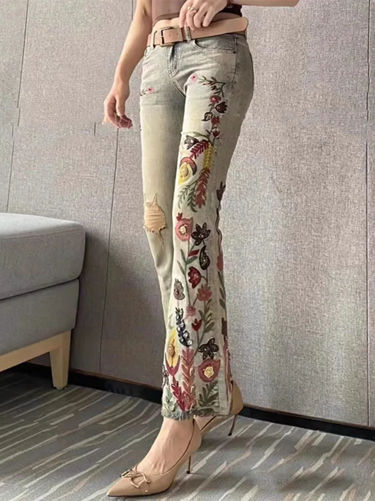 Flare Pants Women New 2023 Summer Autumn Skinny Denim Jeans Pants Pearls 3D Flower Embroidery Long Pants Trousers