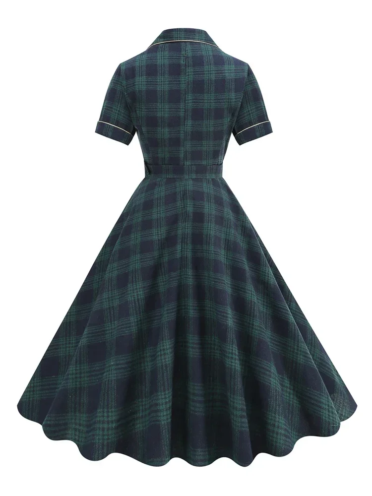 2025 New Retro Notched Collar Buttons Belted Autumn Winter Midi Dress Women's Vintage Plaid Rockabilly Dresses Elegant Clothing