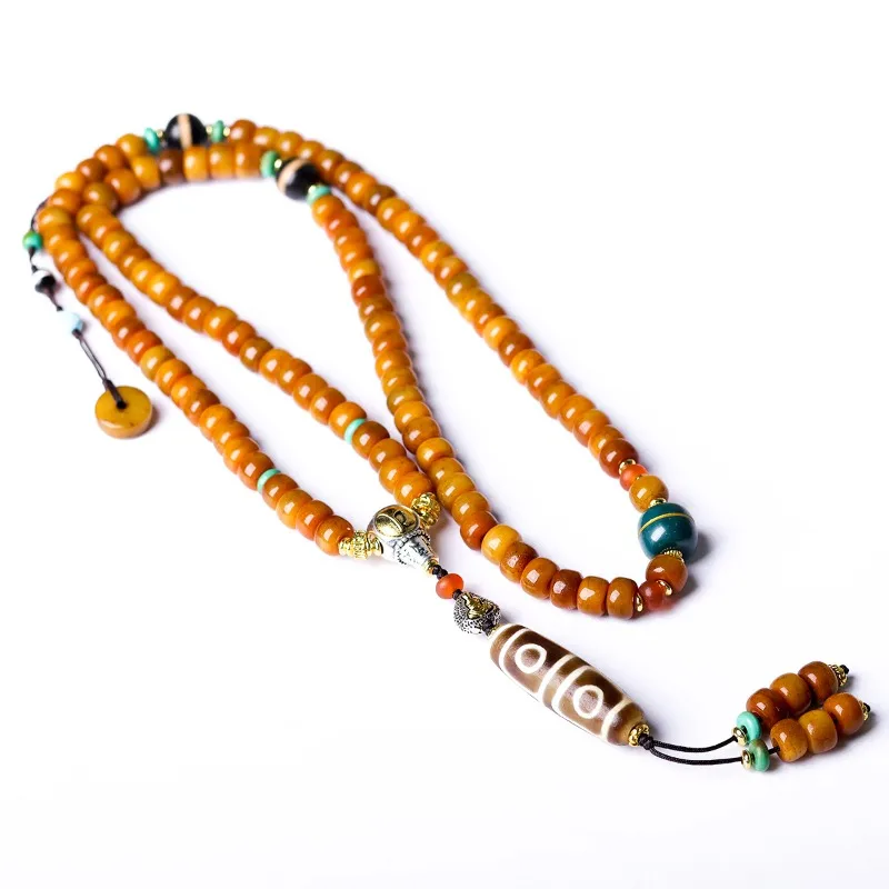 Tibetan Style Bone Barrel Beads 108 Mala Necklace Turquoise Four Eye Dzi Bead Ethnic Prayer Beads Sweater Chain Gifts