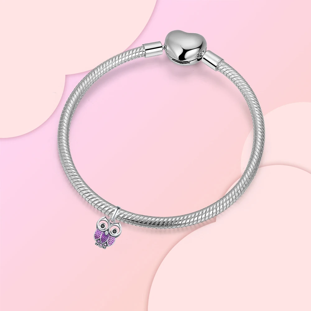 925 เงินสเตอร์ลิงนกฮูกสีม่วงจี้ Charm Fit Pandora Charms สร้อยข้อมือผู้หญิง DIY เครื่องประดับของขวัญ