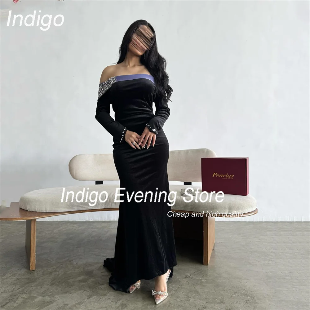 Indigo Elegant Long Sleeve Mermaid Evening Dress Women Beading Open Back Train Pleat Party Prom Gown فساتين السهرة Customized