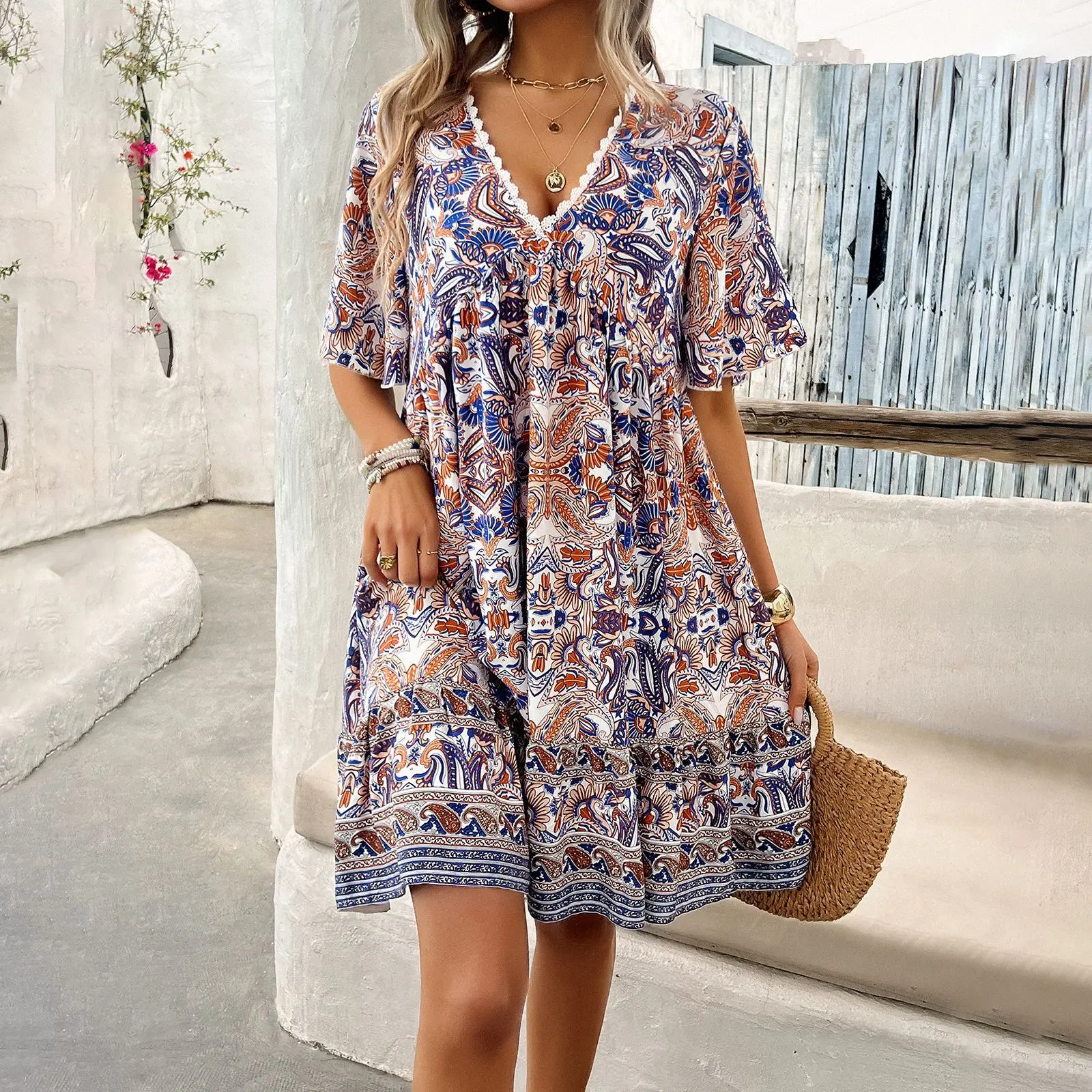 Loose Casual Boho Printed Dress Fashion V-neck Lace Spliced ​​petal Sleeve Midi Dress Spring New Vacation Style Women's Clothing