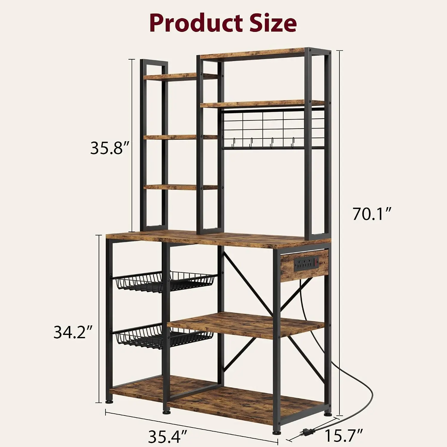 Bakers Rack with Power Outlets, 7-Tier Microwave Stand with 2 Wire Basket, 35.4 in Industrial Coffee Bar Station, Kitchen Large