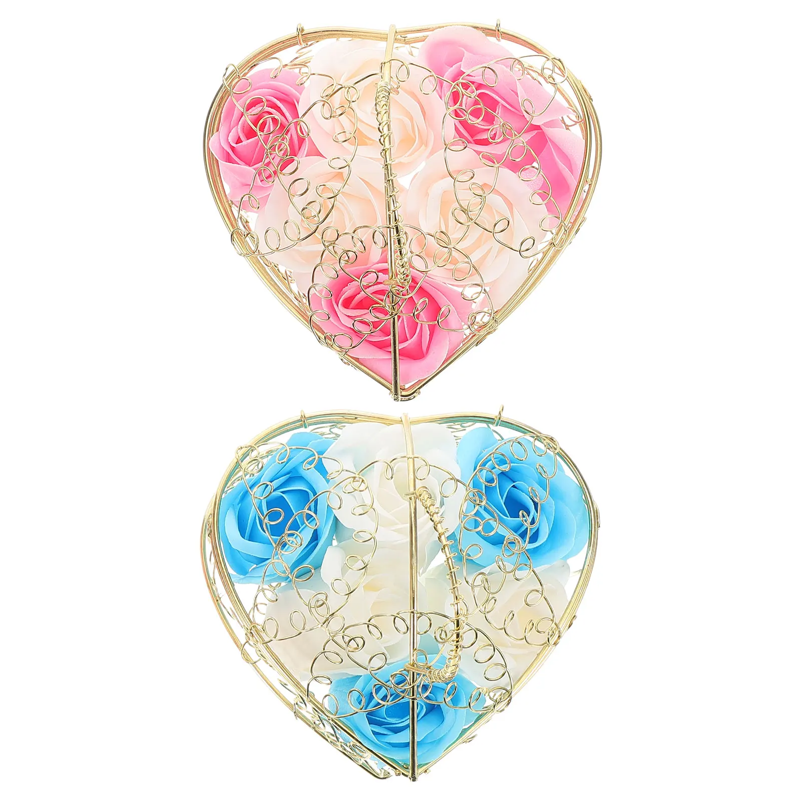 

2pcs Flowers With Iron Heart Shape Flower Basket Floral Scented Bath Decorative Roses Portable Flower Packing Practical Rose