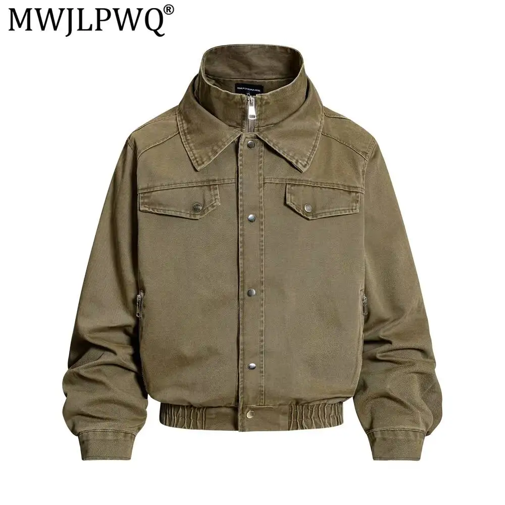 MWJLPWQ Vintage Men's Loose Workwear Jacket Punk Style Casual Double-Layer High Collar Zipper Pockets Tops 2026 Autumn 20238
