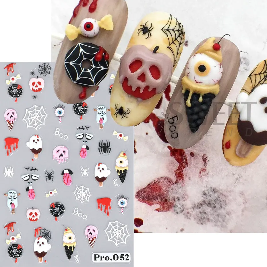 5D Embossed Halloween Nail Art Stickers Skull Pumpkin Nail Silder Ghost Bat Spider Web Anime Decals Engraved Manicure Decoration