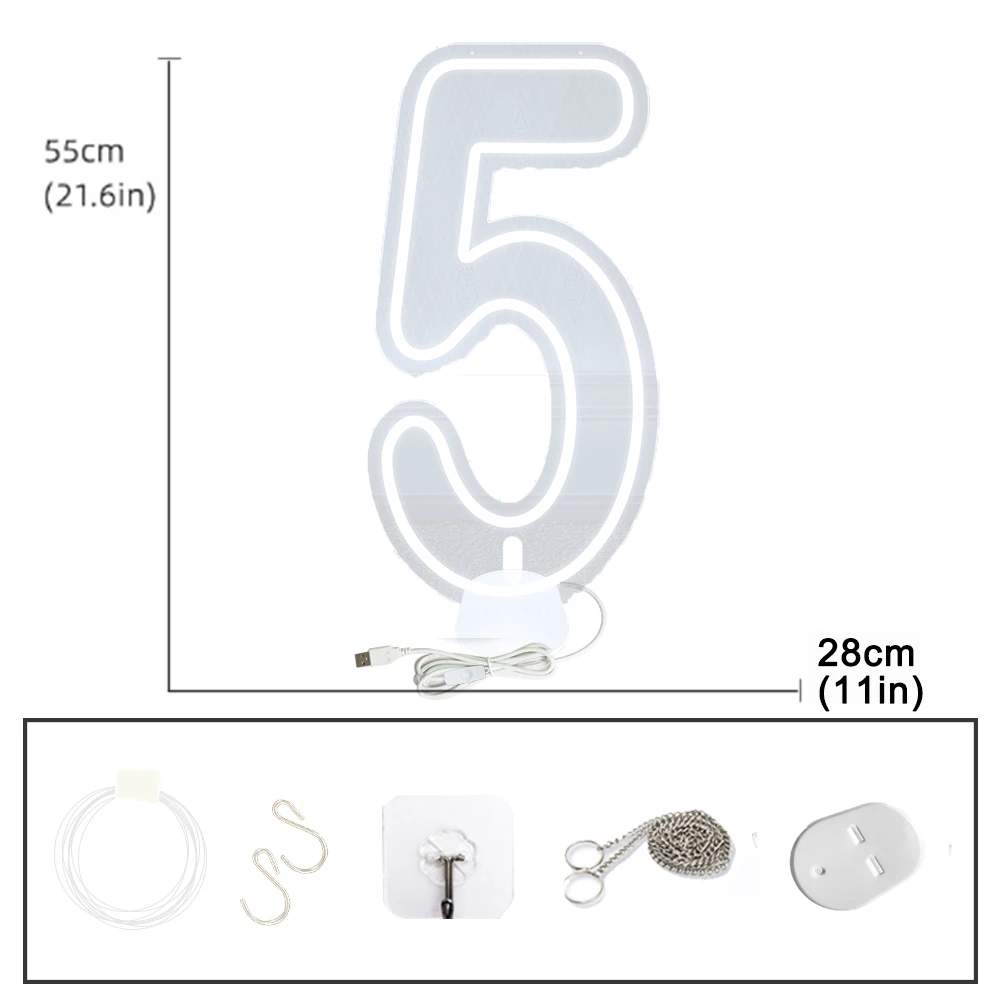 LED 생일 번호 네온 숫자 사인, 생일 축하 파티 장식, 스탠드 업 및 벽 장착 가능, 55cm