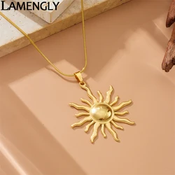 LAMENGLY New 316L Stainless Steel Classic Exaggerated Solar Disk Pendant Necklace For Women Girls Personalized Clavicle Chain