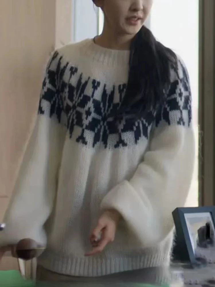 Maglione lavorato a maglia da donna retrò pigro Sle Morbido e accogliente rotondo Ne Lantern Sve Color Blo Autunno Inverno Versatile Nuovo arrivo