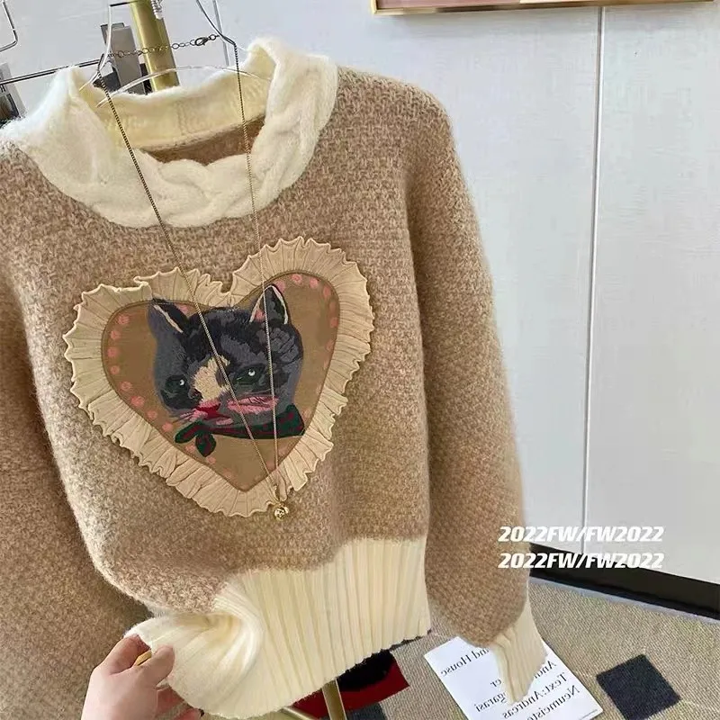 Cartoon Embroidery Women Sweater Stylish Fashion Kawaii Chic Pullover Top Autumn Winter Long Sleeve O-neck Jumpers Femme 2022