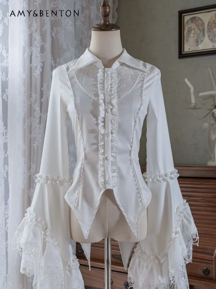 Medieval Lolita Top Vintage Gothic Court Style Long Sleeve Shirt Women Polo Collar Lace-Up Slim Heavy Industry Lace Blouses