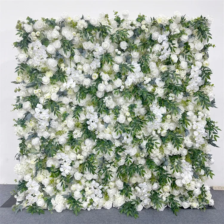 

Uflower White Rose Green Leaf 3D Flower Wall Wedding Backdrop Decoration Fabric Hanging Curtain Floral Arrangement Event Props