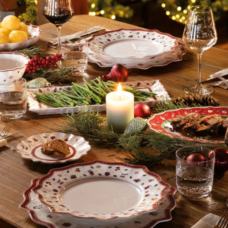 Red christmas ceramic tableware,Red & White Christmas Patterns Ceramic Plates ,Hand-Stamped Holiday Design