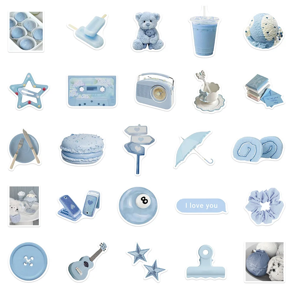 10/30/50pcs Cartoon Blue Ins Style Stickers Decals For Phone Laptop Scrapbook Skateboard Guitar DIY Graffiti Aesthetic Stickers