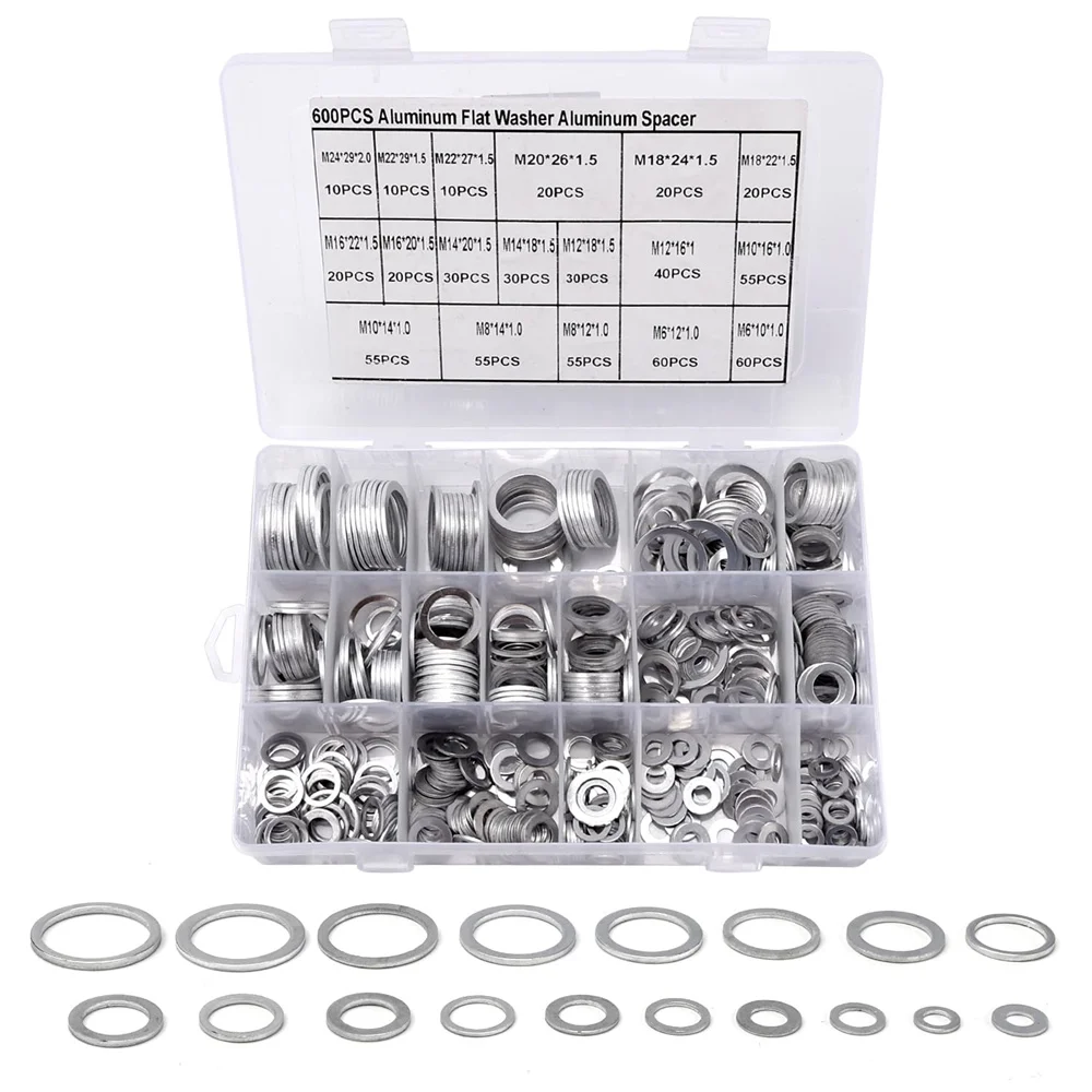 600pcs Crush Washer Oil Drain Plug, Aluminum Flat Washers Assortment Kit Oil Plug Crush Gasket M6,M8,M10,M12,M14,M16,M18,M20,M22