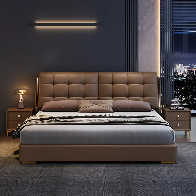 for Italian Light Luxury Leather Art Bed Soft Bag Adjustable Master Bedroom with Lamp Small Flat Edge Bed Multi-functional