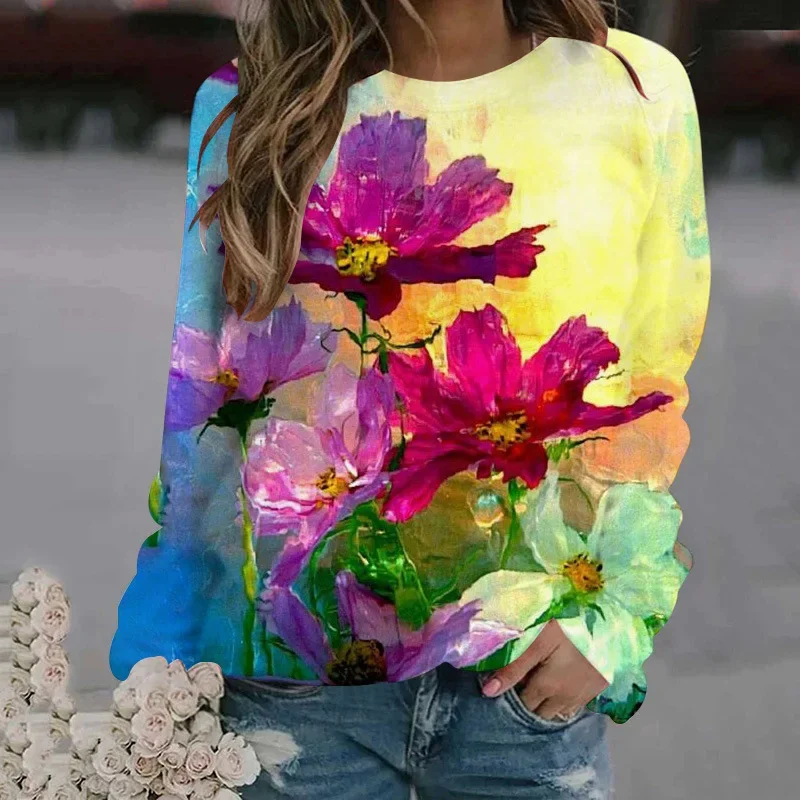 Autumn And Winter 3D Oil Paintings Printing Sweatshirts Women Florals Graphic Pullovers Harajuku Fashion Clothing Colorful Tops