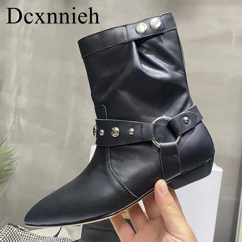 

Women Flat Rivet Decor Chelsea Boots Pointed Toe Cow Suede Mid-calf Botas Winter Retro Riding Boots Versatile Runway Boots