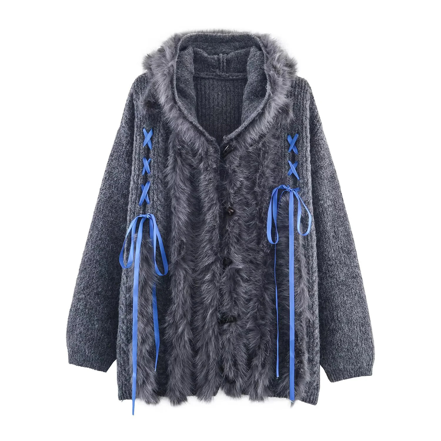 Zimowa nowa odzież damska, moda codzienna, styl lazy, bluza z kapturem i wstążką, dzianinowy kardigan z kapturem, długi sweter-kurtka.